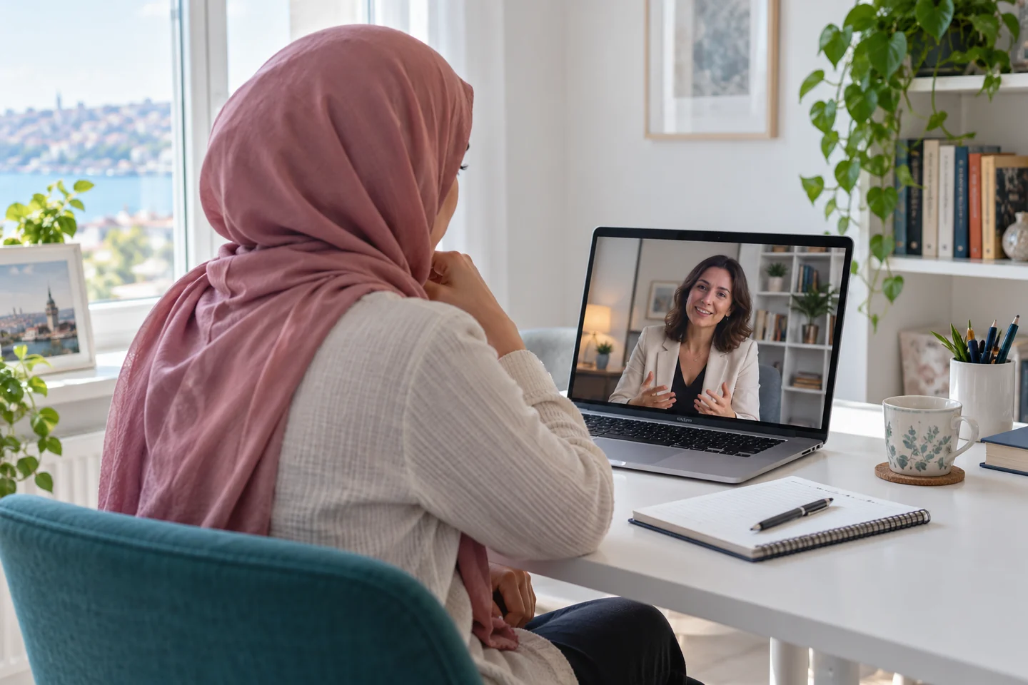 İlişki görüşmesine tek başına katılan başörtülü kadın ve ekrandaki kadın psikolog