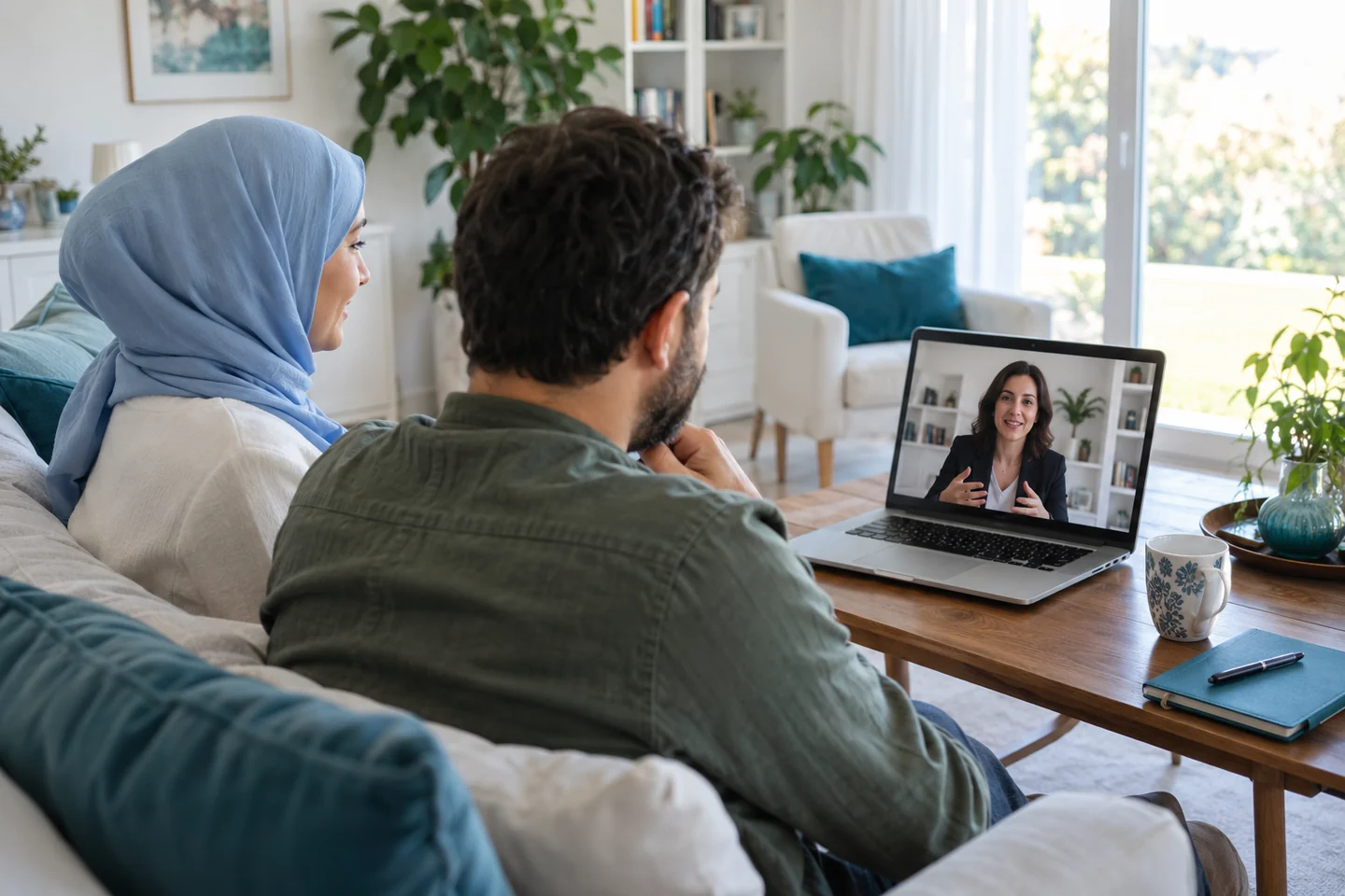 Başörtülü kadın ve erkek danışanın kadın psikologla online çift görüşmesi